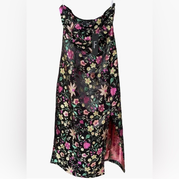 Lulu’s Make a Move Black Satin Floral Jacquard Strapless Midi Dress - Picture 2 of 10